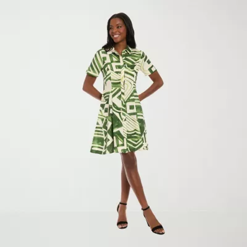 London Times Womens Short Sleeve Striped Petite Fit + Flare Dress