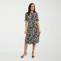London Times Womens Short Sleeve Midi Petite Fit + Flare Dress