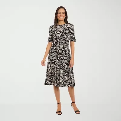 London Times Womens Short Sleeve Midi Fit + Flare Dress Petite
