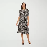 London Times Womens Short Sleeve Midi Petite Fit + Flare Dress