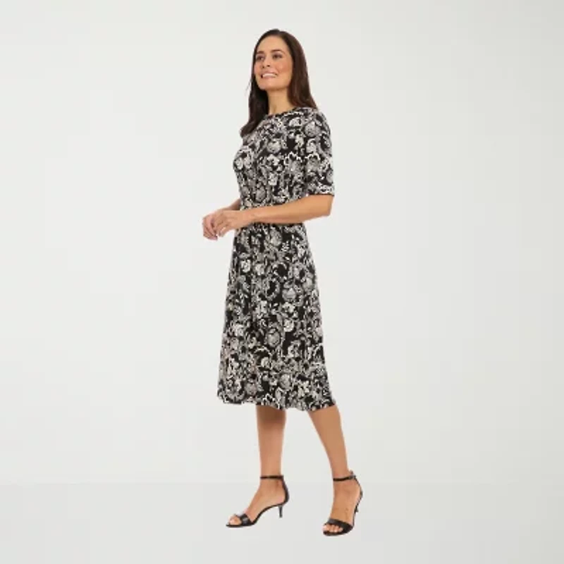 London Times Womens Short Sleeve Midi Petite Fit + Flare Dress