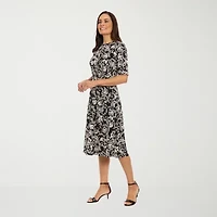 London Times Womens Short Sleeve Midi Petite Fit + Flare Dress