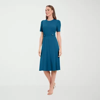 London Times Womens Short Sleeve Midi Petite Fit + Flare Dress