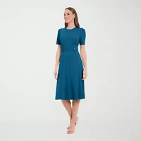 London Times Womens Short Sleeve Midi Petite Fit + Flare Dress