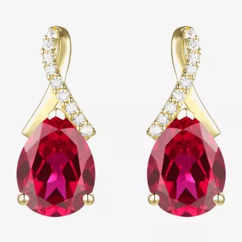 Womens Lab Created Red Ruby 14K Gold Over Silver Pear Drop Earrings