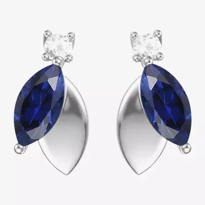 Womens Lab Created Blue Sapphire Sterling Silver Marquise Drop Earrings