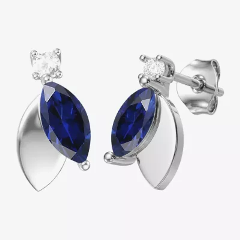Womens Lab Created Blue Sapphire Sterling Silver Marquise Drop Earrings
