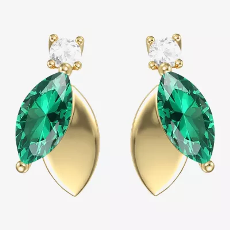 Womens Lab Created Green Emerald 14K Gold Over Silver Marquise Drop Earrings
