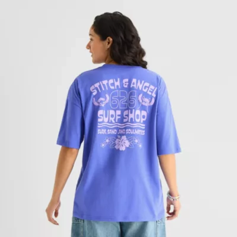 Stitch And Angel Oversized Tee Womens Juniors Crew Neck Short Sleeve Graphic T-Shirt