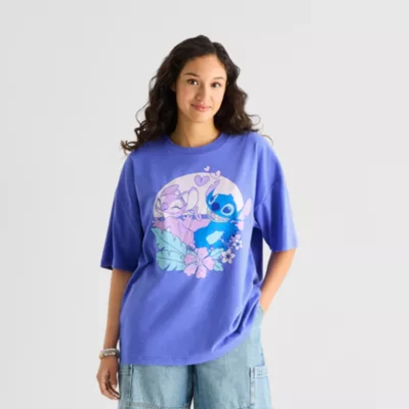 Stitch And Angel Oversized Tee Womens Juniors Crew Neck Short Sleeve Graphic T-Shirt