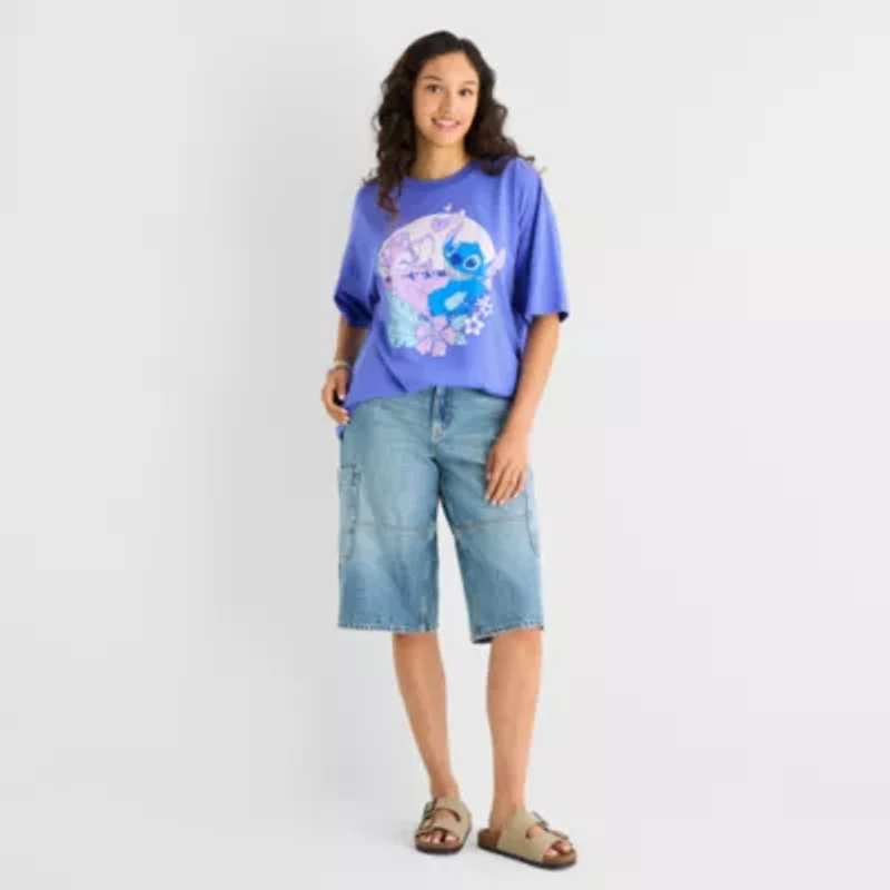Stitch And Angel Oversized Tee Womens Juniors Crew Neck Short Sleeve Graphic T-Shirt