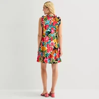 52seven Womens Split Tie Neck Sleeveless Floral Shift Dress