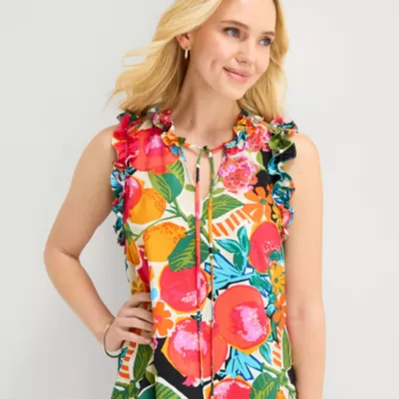 52seven Womens Split Tie Neck Sleeveless Floral Shift Dress