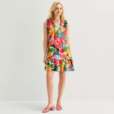 52seven Womens Split Tie Neck Sleeveless Floral Shift Dress