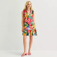 52seven Womens Split Tie Neck Sleeveless Floral Shift Dress