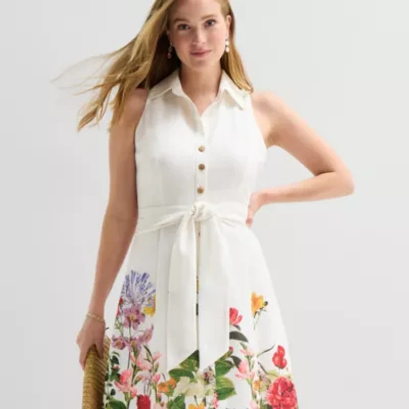 52seven Womens Sleeveless Midi Floral Shirt Dress