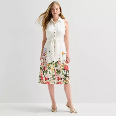 52seven Womens Sleeveless Midi Floral Shirt Dress