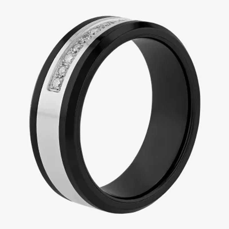 Mens 8MM 1/7 CT. T.W. Natural White Diamond Ceramic Stainless Steel Wedding Band