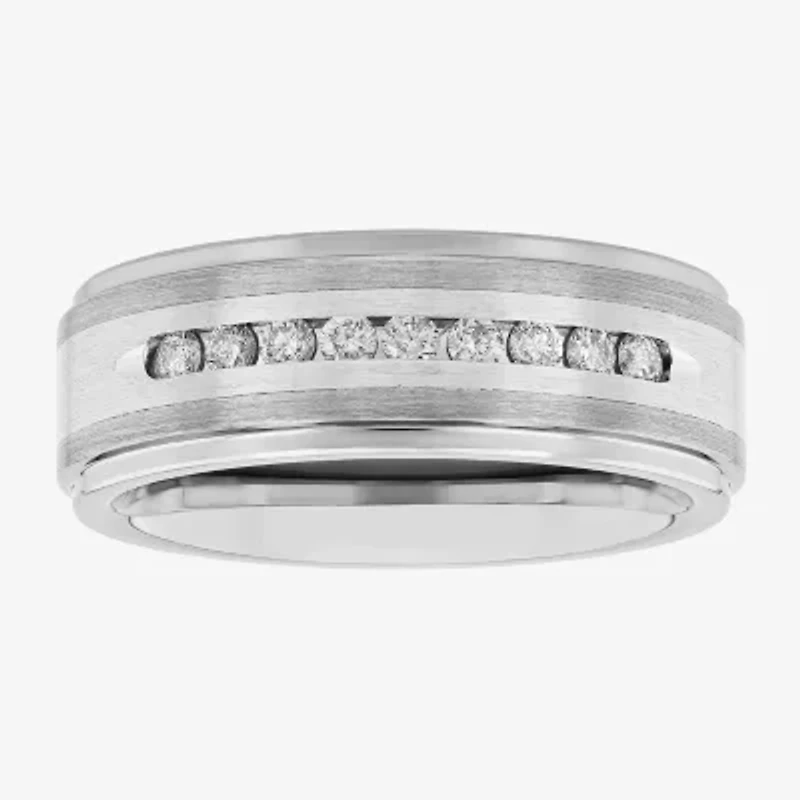 Mens 8MM 1/4 CT. T.W. Natural White Diamond Stainless Steel Tungsten Wedding Band