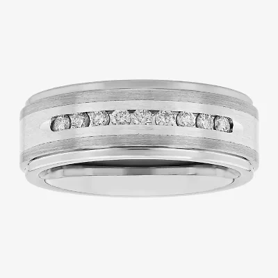 Mens 8MM 1/4 CT. T.W. Natural White Diamond Stainless Steel Tungsten Wedding Band