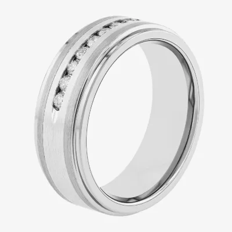 Mens 8MM 1/4 CT. T.W. Natural White Diamond Stainless Steel Tungsten Wedding Band