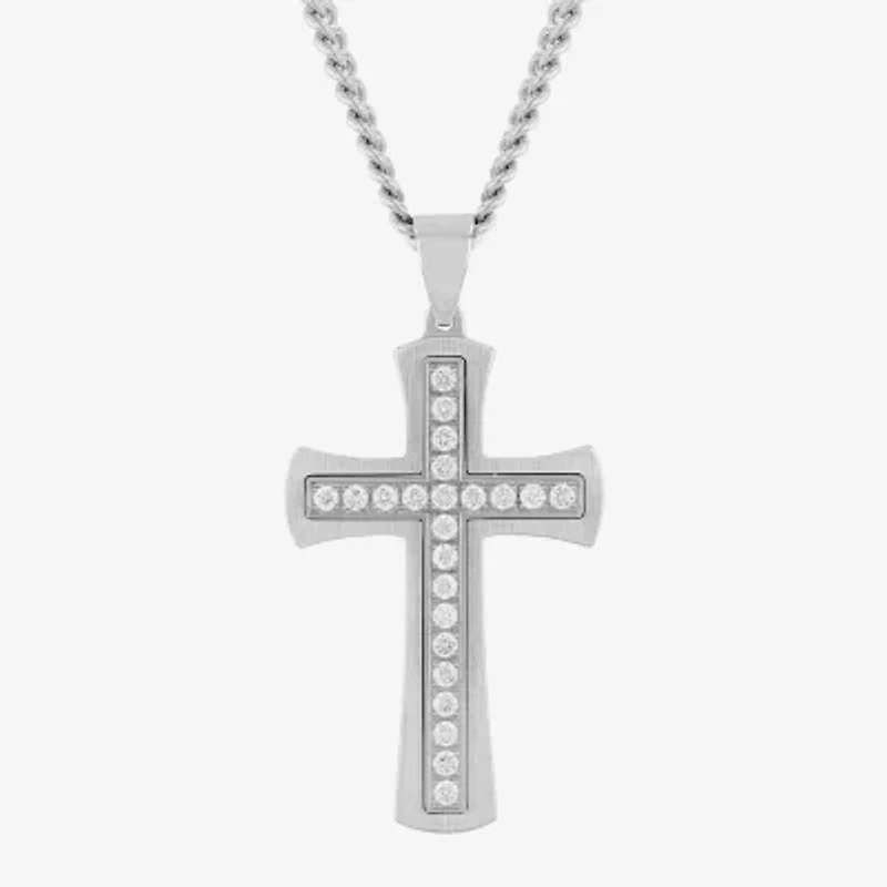 (G-H / Si1) Mens 1 CT. T.W. Lab Grown Diamond Stainless Steel Cross 24 Inch Pendant Necklace