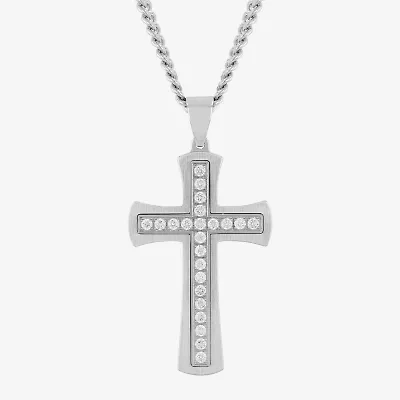 (G-H / Si1) Mens 1 CT. T.W. Lab Grown Diamond Stainless Steel Cross 24 Inch Pendant Necklace