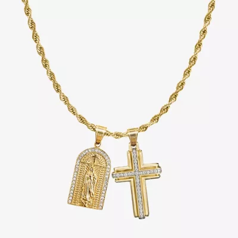 Mens Cubic Zirconia Stainless Steel Cross 26 Inch Pendant Necklace