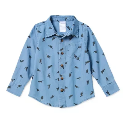 Okie Dokie Dino Print Toddler & Little Boys Long Sleeve Fitted Sleeve Regular Fit Button-Down Shirt