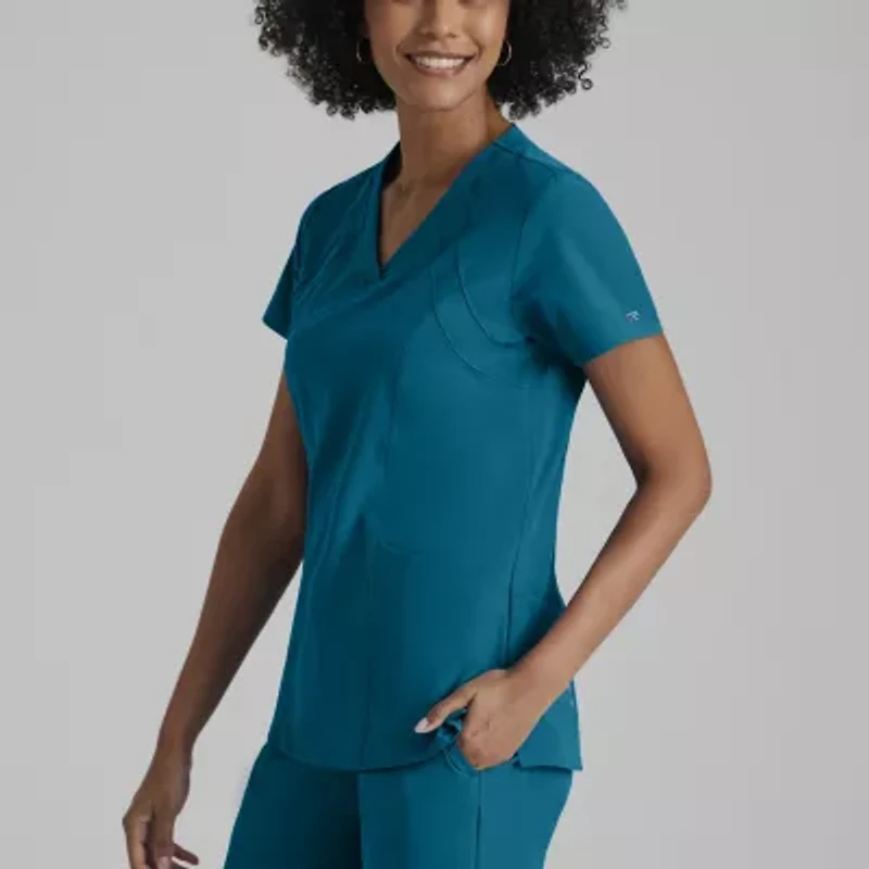 Barco One 5105 Racer 4-Pocket Womens V Neck Short Sleeve Tag Free Stretch Fabric Moisture Wicking Scrub Top