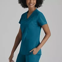 Barco One 5105 Racer 4-Pocket Womens V Neck Short Sleeve Tag Free Stretch Fabric Moisture Wicking Scrub Top