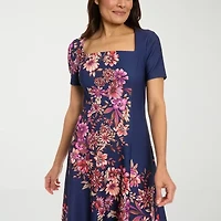 London Style Womens Short Sleeve Floral Fit + Flare Dress Petite