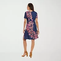 London Style Womens Short Sleeve Floral Fit + Flare Dress Petite