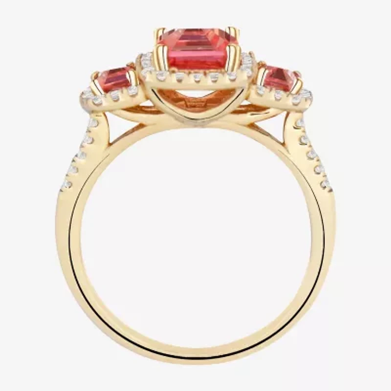 Womens Lab Created Pink Sapphire 14K Gold Over Silver Halo 3-Stone Cocktail Ring