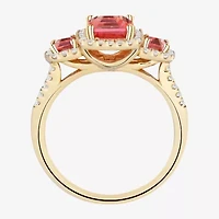 Womens Lab Created Pink Sapphire 14K Gold Over Silver Halo 3-Stone Cocktail Ring