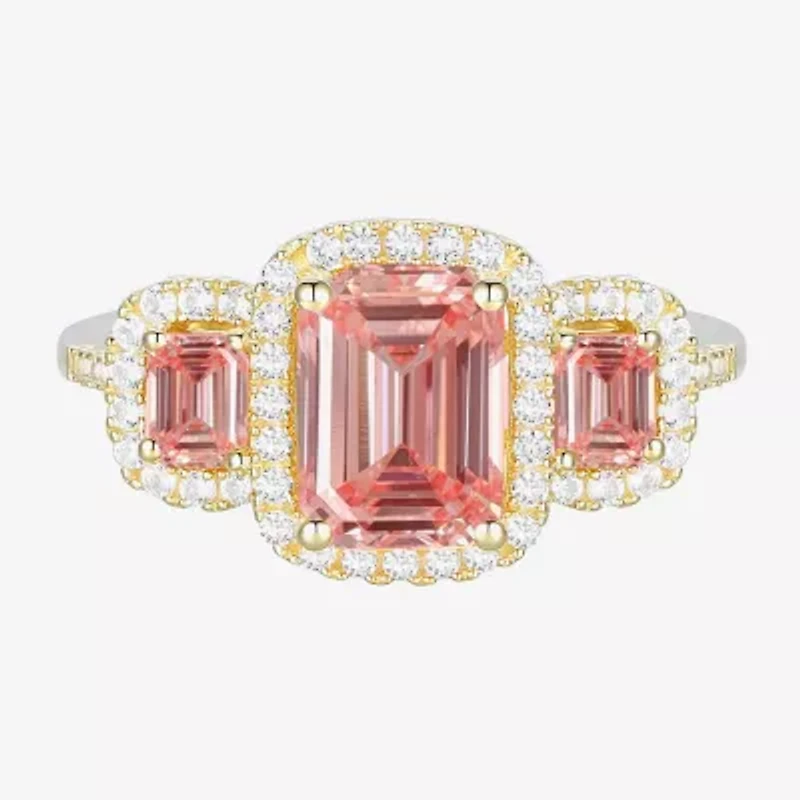 Womens Lab Created Pink Sapphire 14K Gold Over Silver Halo 3-Stone Cocktail Ring
