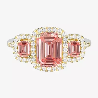 Womens Lab Created Pink Sapphire 14K Gold Over Silver Halo 3-Stone Cocktail Ring