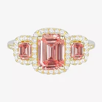 Womens Lab Created Pink Sapphire 14K Gold Over Silver Halo 3-Stone Cocktail Ring