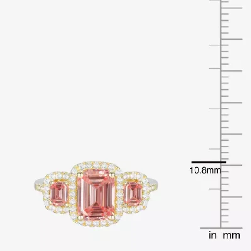 Womens Lab Created Pink Sapphire 14K Gold Over Silver Halo 3-Stone Cocktail Ring