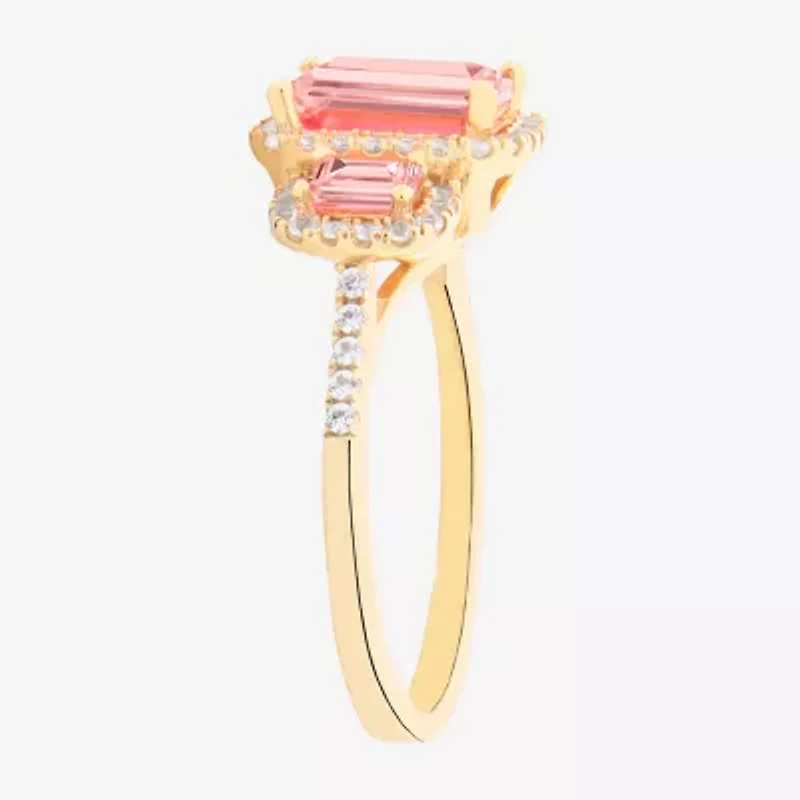 Womens Lab Created Pink Sapphire 14K Gold Over Silver Halo 3-Stone Cocktail Ring