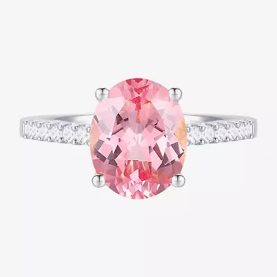 Womens Lab Created Pink Sapphire Sterling Silver Oval Side Stone Cocktail Ring