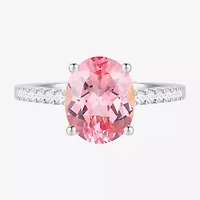 Womens Lab Created Pink Sapphire Sterling Silver Oval Side Stone Cocktail Ring