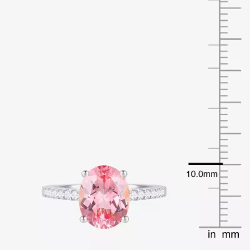 Womens Lab Created Pink Sapphire Sterling Silver Oval Side Stone Cocktail Ring