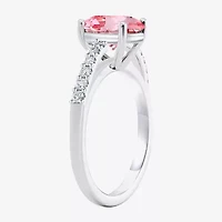 Womens Lab Created Pink Sapphire Sterling Silver Oval Side Stone Cocktail Ring