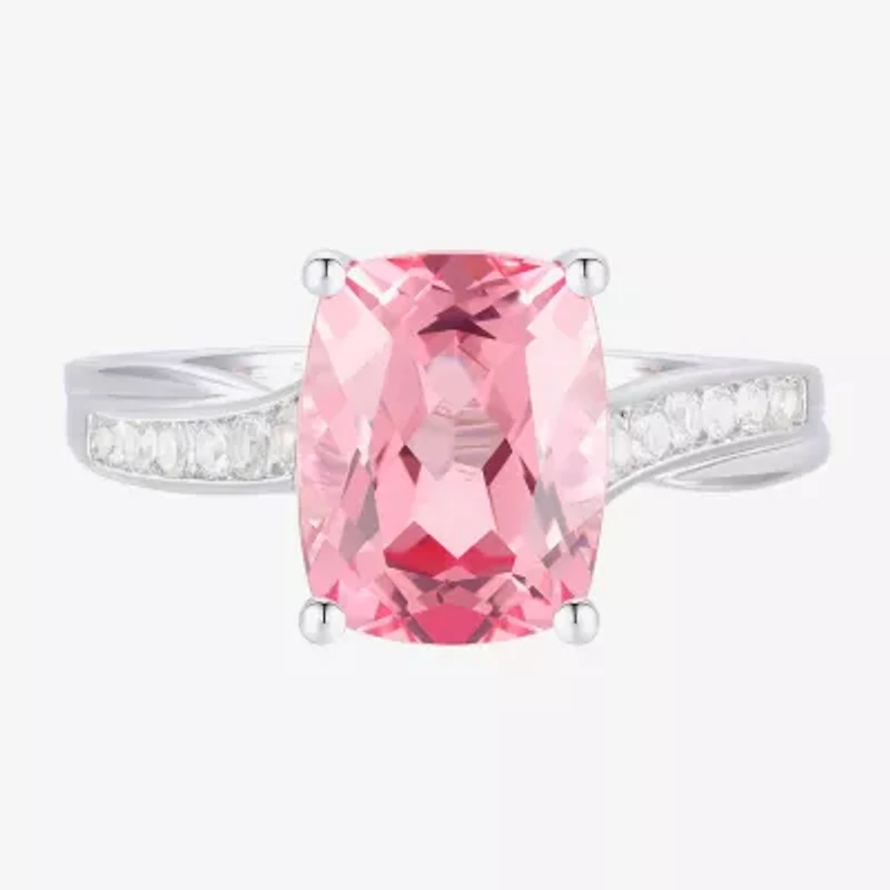 Womens Lab Created Pink Sapphire Sterling Silver Oval Side Stone Cocktail Ring
