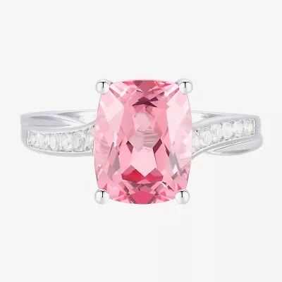 Womens Lab Created Pink Sapphire Sterling Silver Oval Side Stone Cocktail Ring