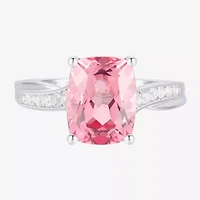 Womens Lab Created Pink Sapphire Sterling Silver Oval Side Stone Cocktail Ring