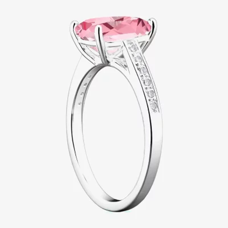 Womens Lab Created Pink Sapphire Sterling Silver Oval Side Stone Cocktail Ring