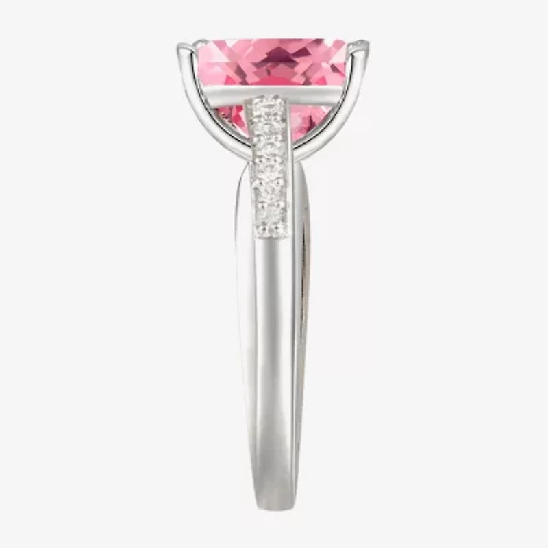 Womens Lab Created Pink Sapphire Sterling Silver Oval Side Stone Cocktail Ring
