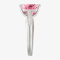 Womens Lab Created Pink Sapphire Sterling Silver Oval Side Stone Cocktail Ring